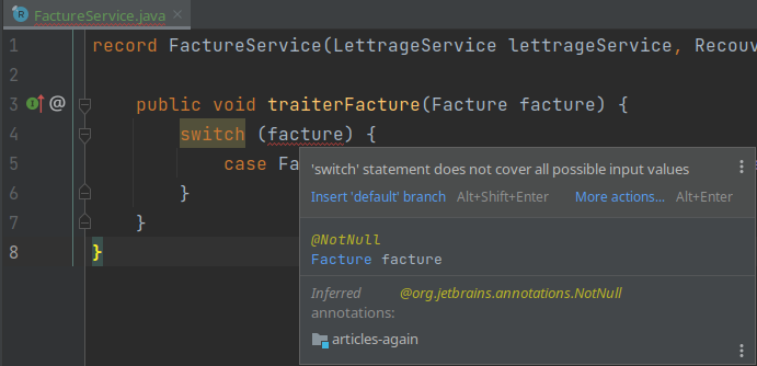 java: the switch statement does not cover all possible input values IntelliJ